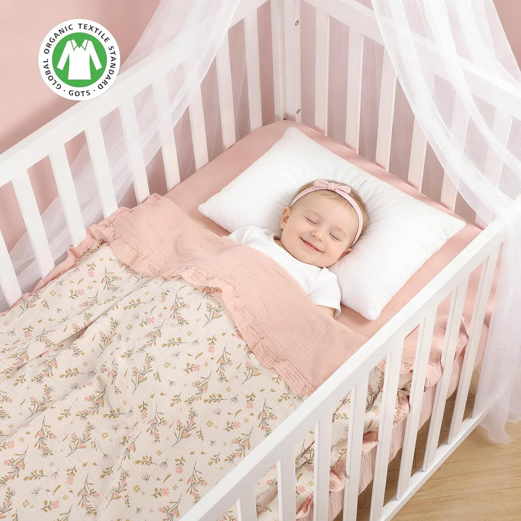 Organic Baby Blanket Flounce Edge Large 50"x43" Floral, 100% Muslin Cotton Super Soft Breathable Toddler Quilt Crib