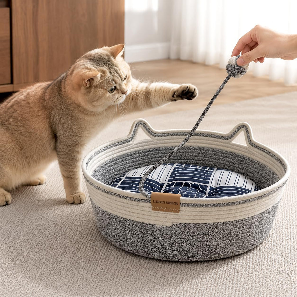 Cat Bed Basket for Indoor Cats Handwoven Cotton Rope with Cushion (Grey)