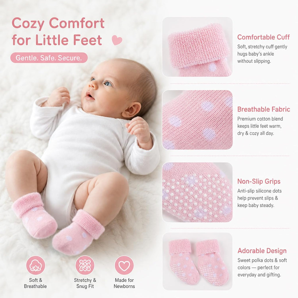 6 Pairs Cotton Baby Girl Socks with Grips Non Slip Toddler Infant Socks Terry Turn Cuff