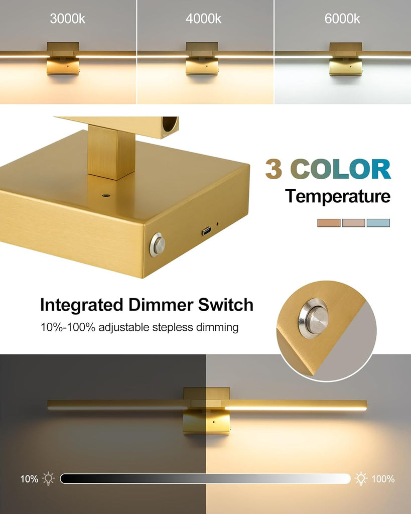 Gold Battery Operated Wall Sconces with Remote Control | 3000/4500/6000K Dimmable 8000mAh Wireless Rechargeable Wall