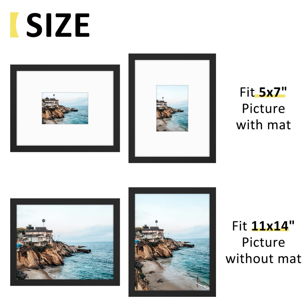 11x14 Frame with Mat for 5x7, Real Glass, Black