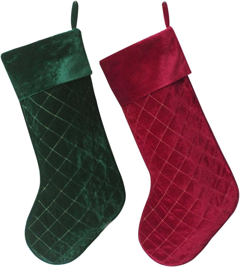 Set of 2 pcs Burgundy & Green Velvet Stocking Diamond Quilted Embroidery Decoration Socks Christmas Stocking Xmas