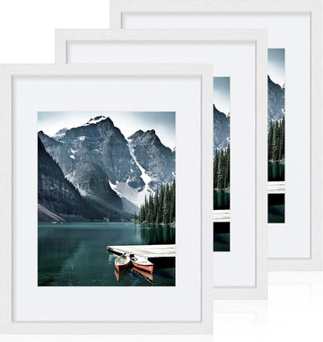 11x14 Picture Frames set of 3, Made of Glass and White Wooden Photo frame - Displays 8x10 Picture with Mat or 11 x 14