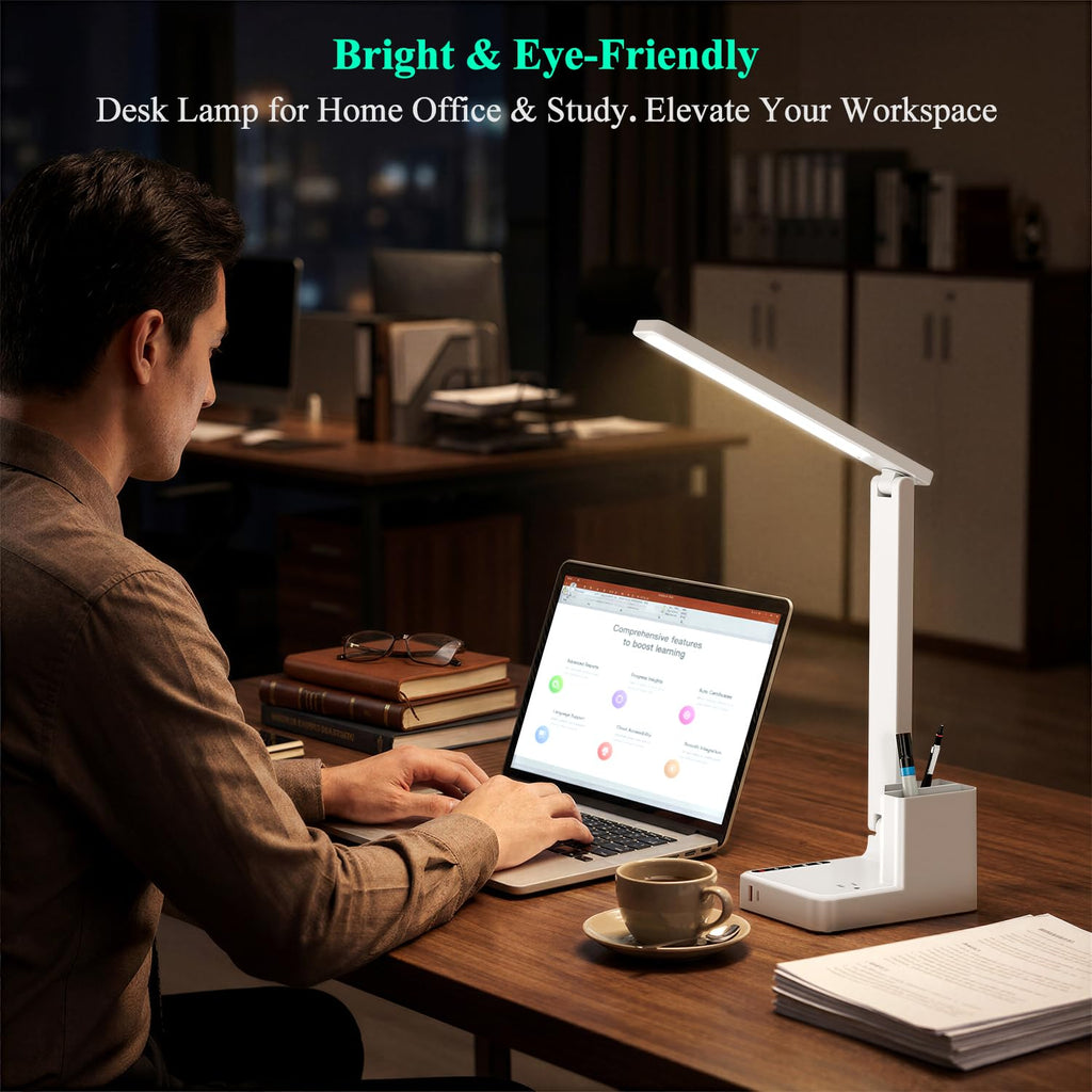 LED Desk Lamp USB A/C AC Pen Holder Dorm Home Office Desk Light White