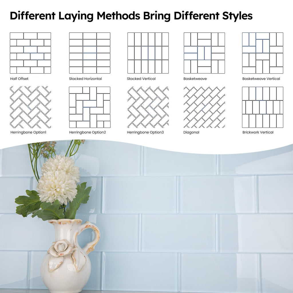 Light Blue Glass Subway Tile, 3x6 Inch, 4 Sq.Ft, Glass Backsplash Tile Shower Bathroom Wall, Pack-32 Pcs