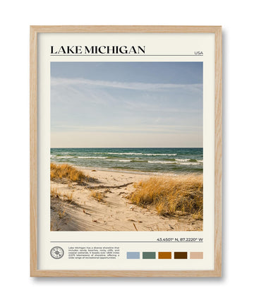 Natural OAK Wood Lake Michigan Framed Wall Art, 12x16in Natural Scenery Canvas Wall Print, Classic Urban City Landmark