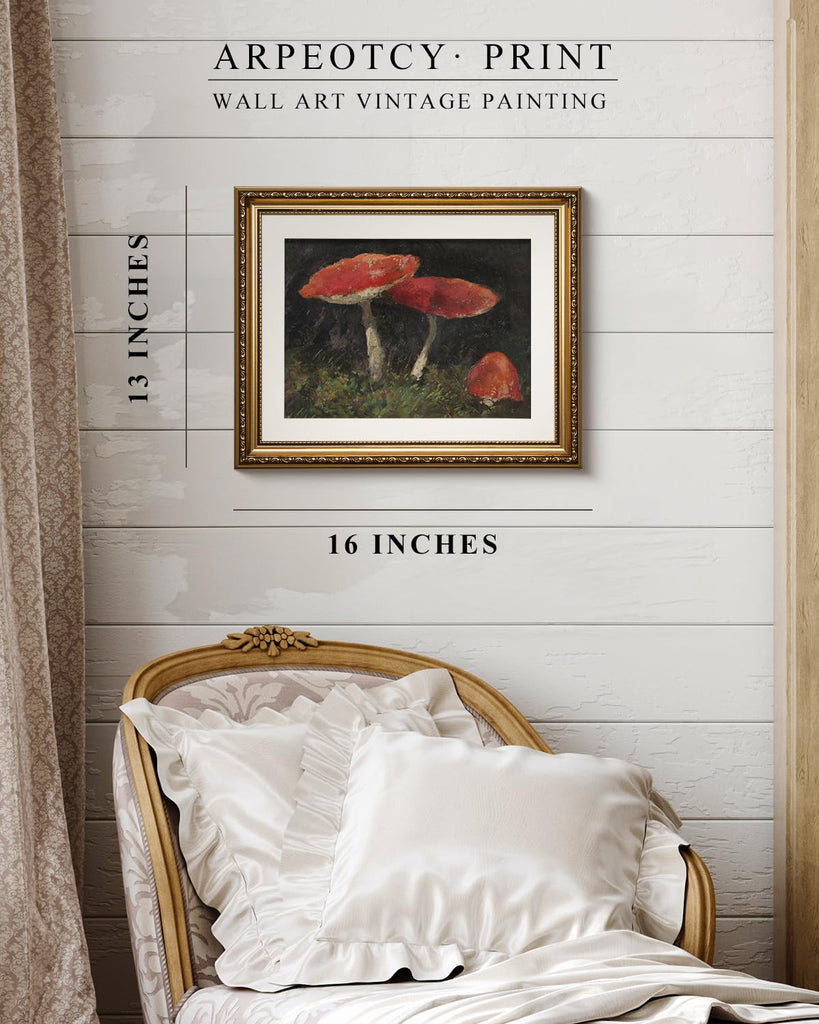 Vintage Gold Framed Mushroom Wall Art, Retro Botanical Paintings Farmhouse Cottagecore Decor, Canvas Prints, Antique