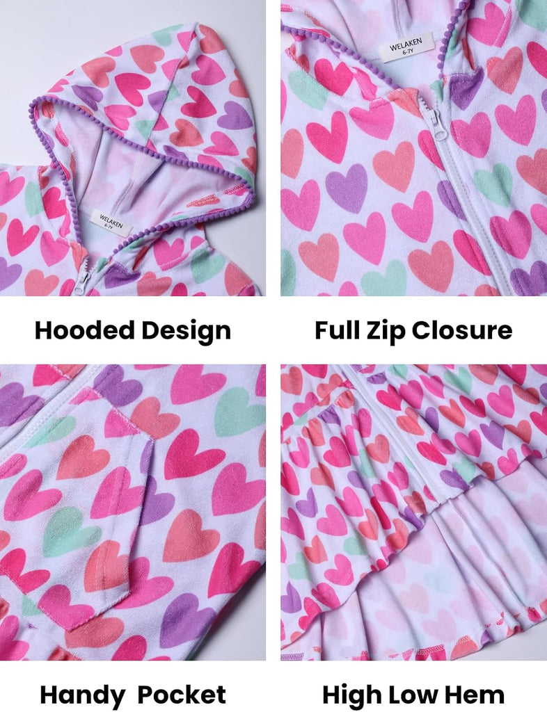 Girls Hooded Terry Swim Cover-Up Dress Full Zip Cute High-Low Hem Beach Dress with Pockets for Toddlers & Kids