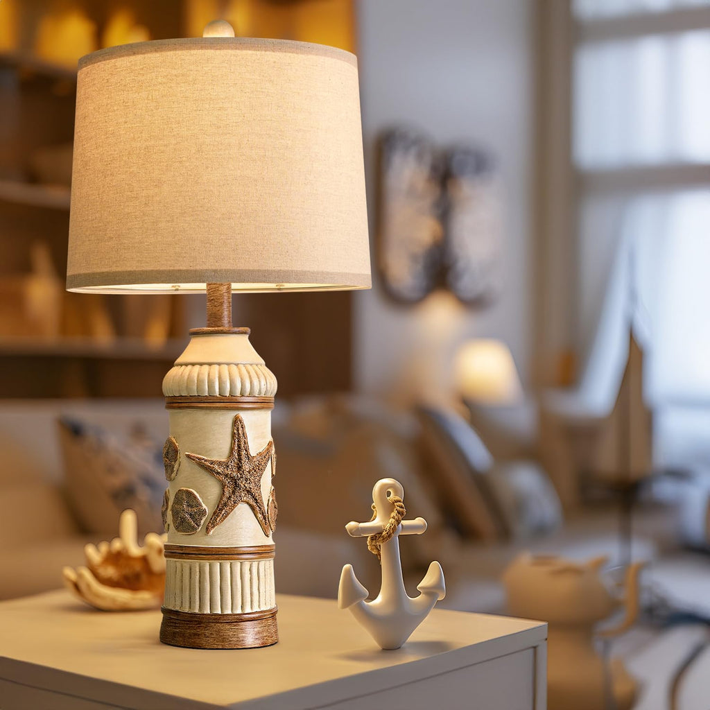 24" Table Lamps Set of 2, Boho Table Lamps, Bedside Lamp for Nightstands, Coastal Nautical Lamp with Starfish Conch