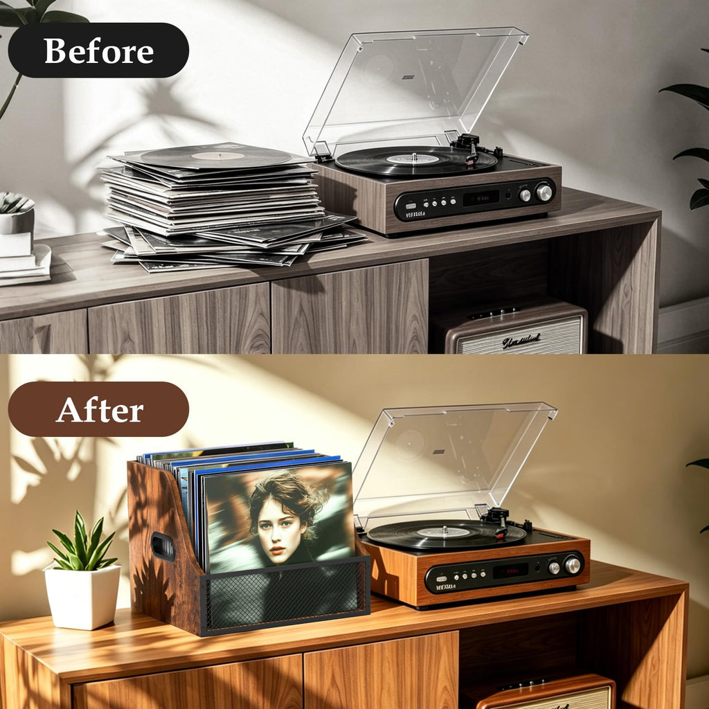 Vinyl Record Storage, Wooden Crate ‌Vinyl Holder with 2 Dividers
