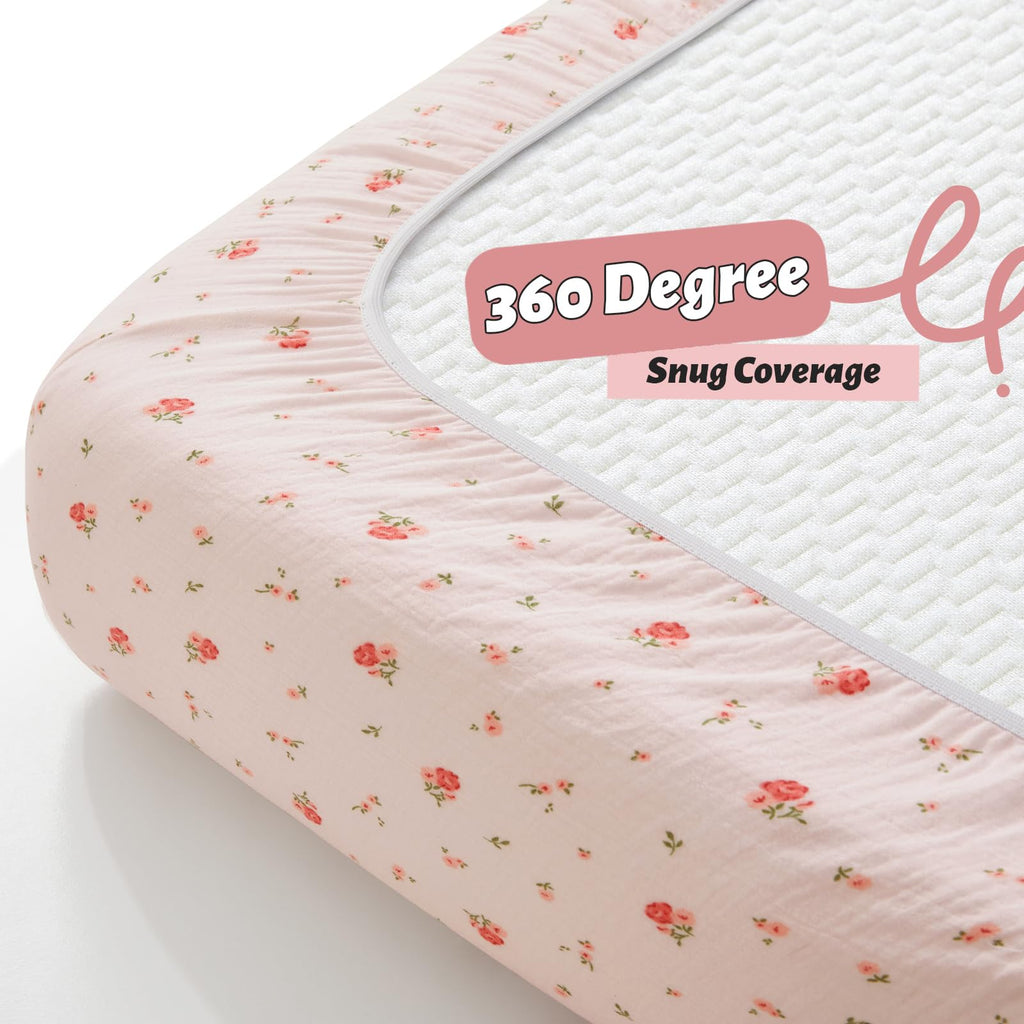 2 Pack Muslin Crib Sheets for Girls, Ultra Soft Cotton Breathable Fitted Baby Crib Mattress Sheets for 52"x28"