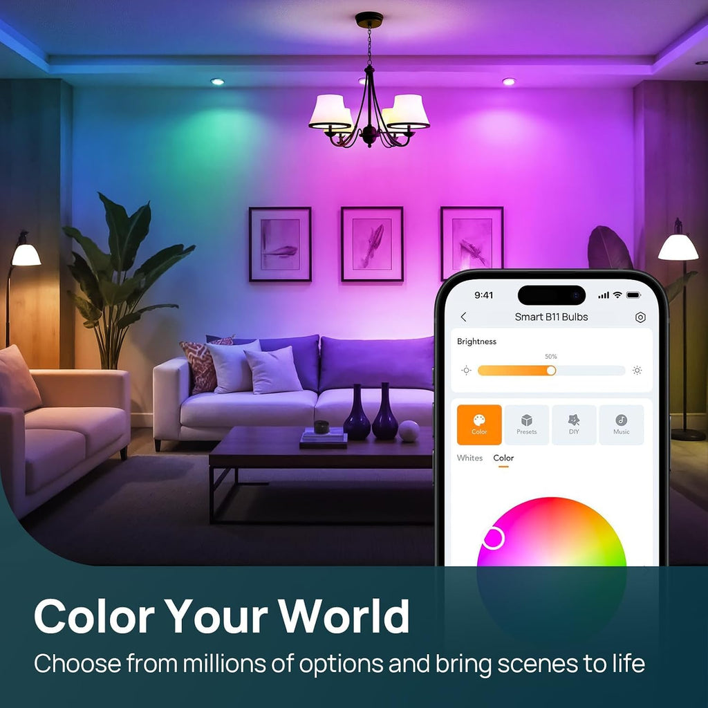 Matter Smart Light Bulbs, E12 Led Bulb Compatible with Alexa, 500LM Smart Bulbs for Chandelier, Color Changing RGBTW