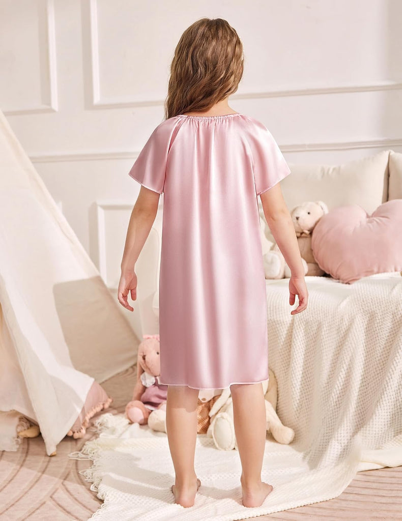 Girls Nightgowns Satin Pajama Dress Short Sleeve Sleepwear