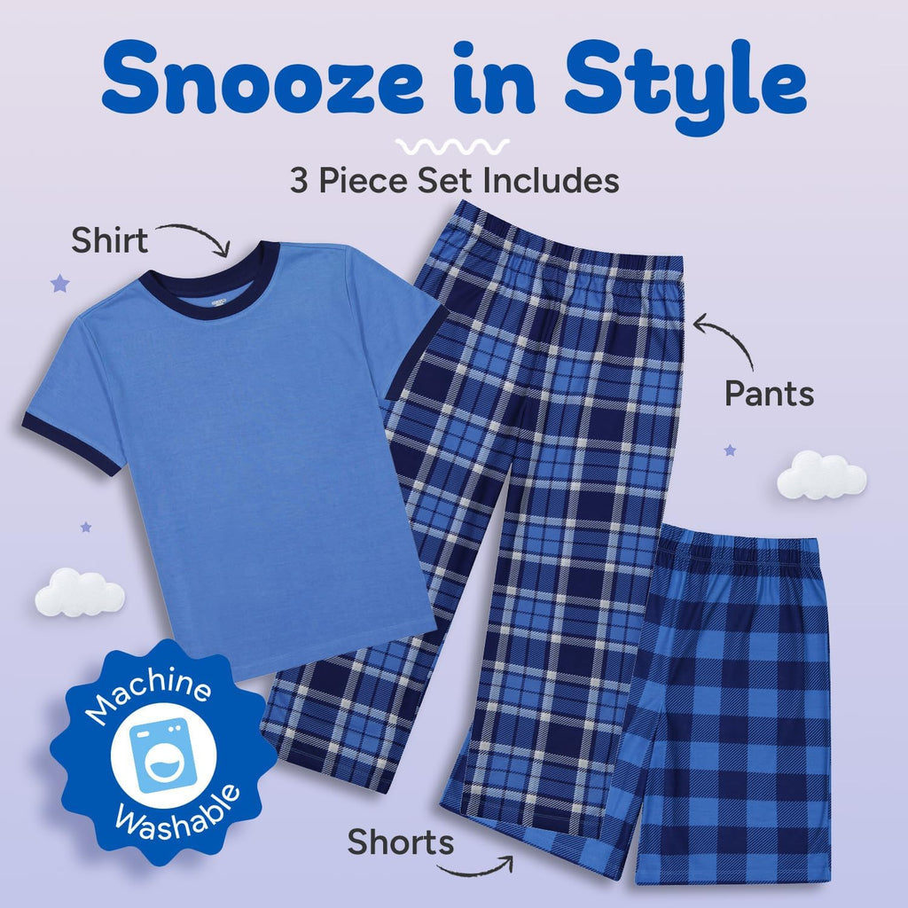 Boys Pajamas Set | Piece Pant, Shirt, Shorts Sleepwear Pjs for Kids | Loose Fit, Soft, Breathable Blue Plaid