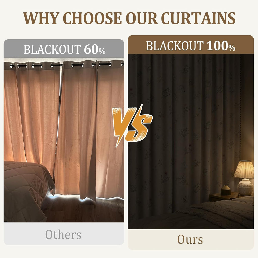 Boho Floral 100% Blackout Curtains for Bedroom 84 Inch Length 2 Panels Set, Linen Texture Farmhouse Curtains Beige