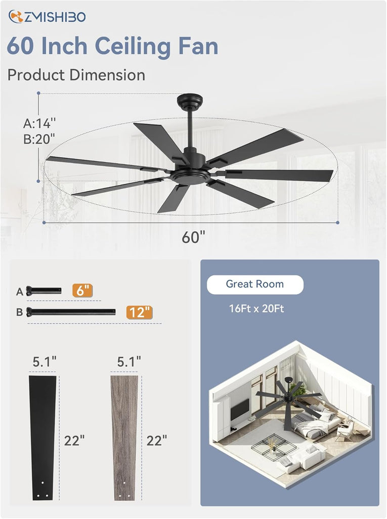 60" Ceiling Fans No Light with Remote, Black Modern Ceiling Fan Without Light, Quiet Reversible DC Motor, 6 Speeds