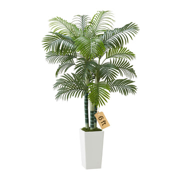 Artificial Areca Palm Tree 6 ft, Fake Palm Tropical Plants with White Tall Planter, Faux Floor Silk Plant in Pot