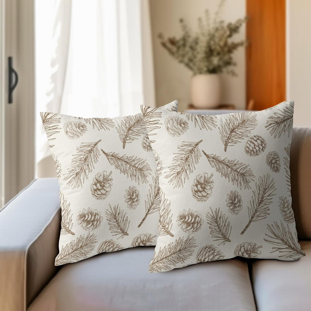 Winter Pinecone Pillow Covers 18 x 18 Inch Christmas Pine Cone Pattern Decoration Pillow Case Pine Needle - Set of 2