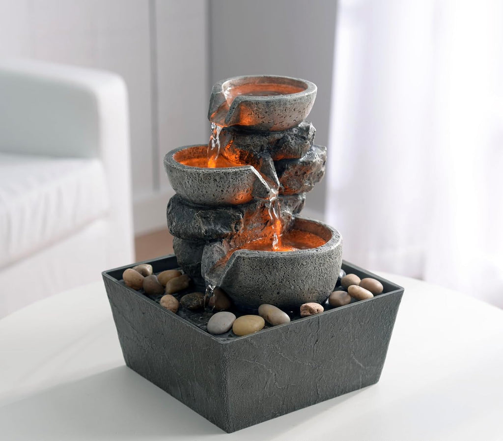 Decorative Indoor Fountain 3-Bowl Rockery Soothing Sound Tabletop Fountains Decor with Led Light/Some