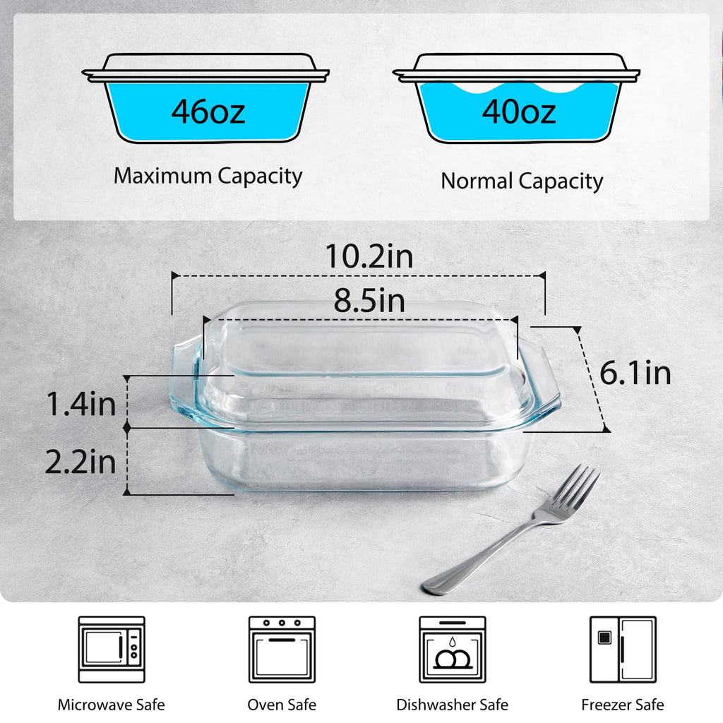 1.4QT Small Glass Casserole Dish With Lid, 8.5×6.1in Rectangular Casserole Dish for Oven