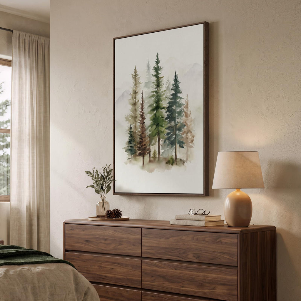 Framed Farmhouse Watercolor Pine Tree Forest Vertical Wall Art, 24x36 In