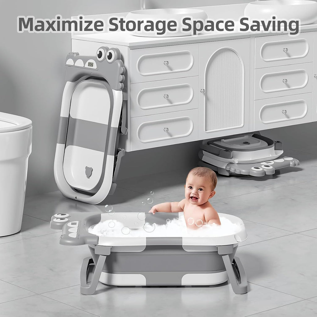 Collapsible Baby Bathtub, Baby Bath Tub with Soft Cushion & Real-Time Thermometer, Baby Bathtub Infant to Toddler Tub