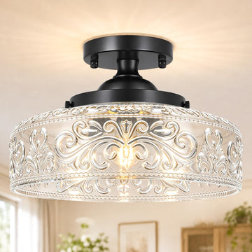 Semi Flush Mount Ceiling Light Fixture, Vintage Matte Black 3-Light Fixture with Etched Crystal Glass Shade (No E12