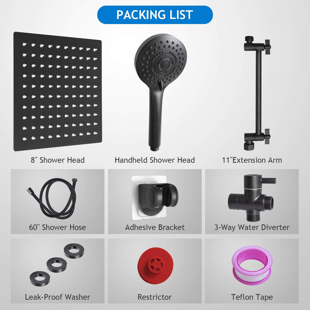 Shower Head Combo, 8 Inch High Pressure Rain with 11 Inch Adjustable Extension Arm and 5 Settings Handheld, Powerful