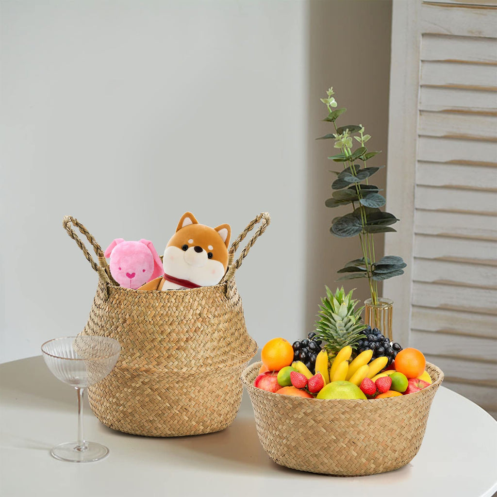 2 Pack Woven Seagrass Plant Basket with Handles, Ideal Wicker Baskets Storage Plant Pot Baskets for Laundry, Picnic