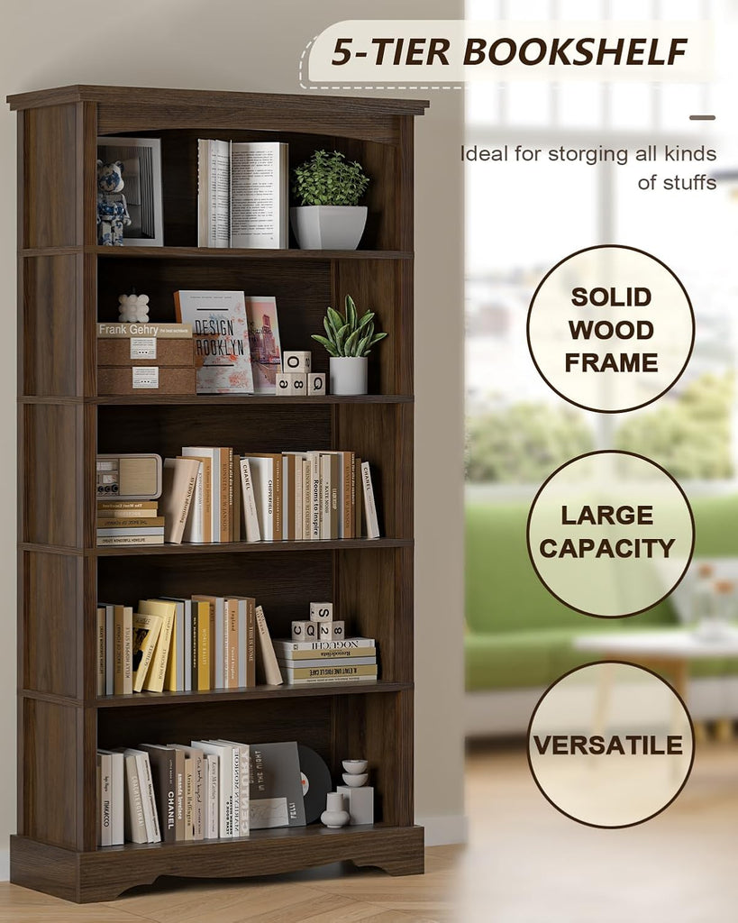 5-Tier Wooden Bookshelf, 31.5" W x 65" H ×9.9" D Bookshelf with Storage