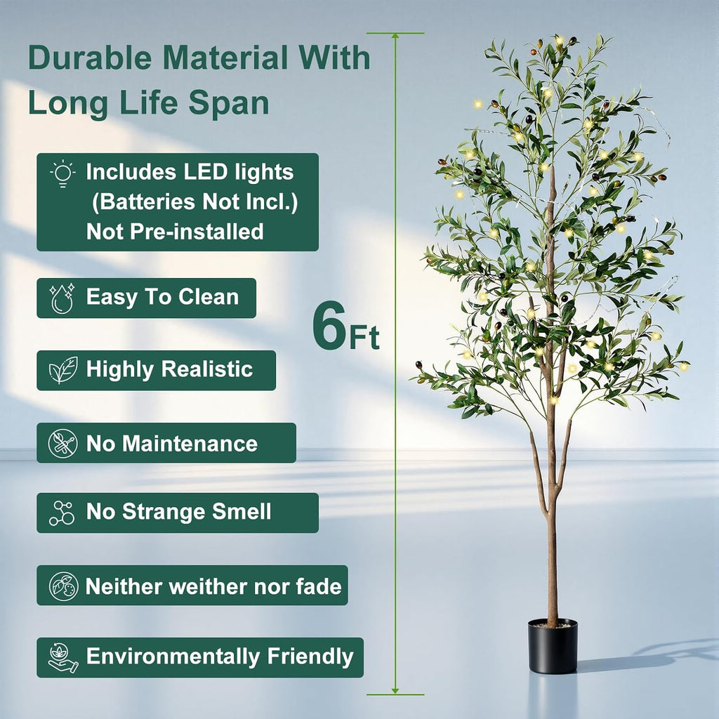 Olive Tree, 6FT Tall Faux Olive Tree with Lights Moss and Planter, Olive Trees Artificial Indoor with Realistic Wood