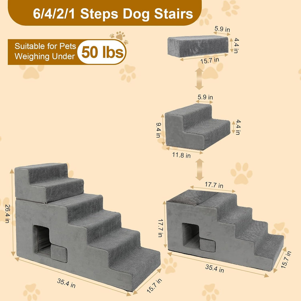 Dog Stairs for Small Dogs 27"H, 6-Step Dog Steps for High Bed, High-Density Foam Pet Stairs with Non-Slip Removable