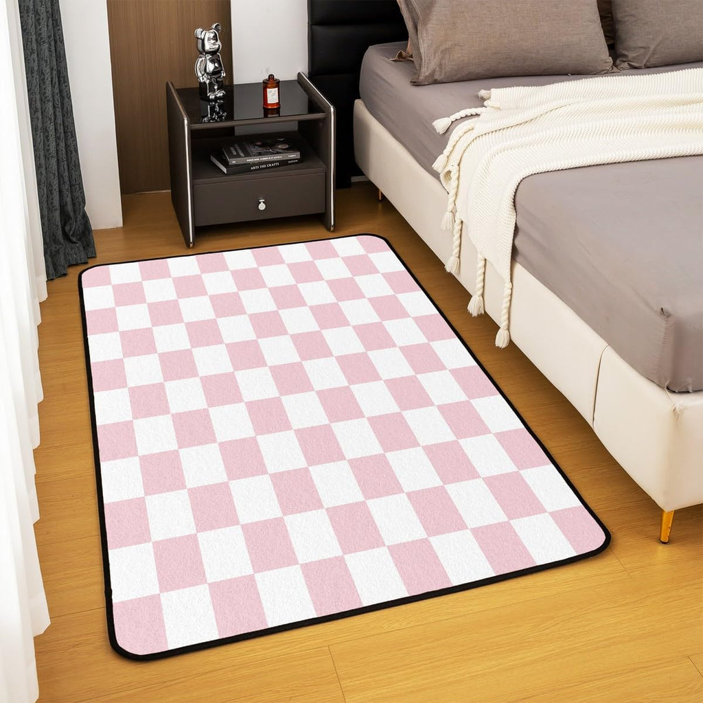 Checkered Decorative Carpet Teen Women Men Pink Plaid Area Rug 3x5 Kids Boys Girls Cute Retro Neutral Checkerboard