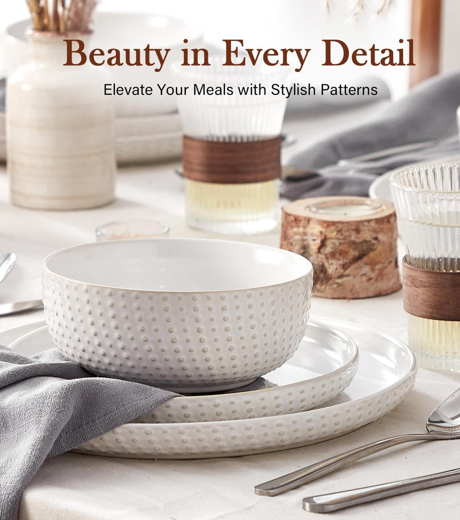 24 Piece Dinnerware Sets for 8 - Farmhouse Style Stoneware Plates and Bowls Sets - Scratch Resistant & Dishwasher