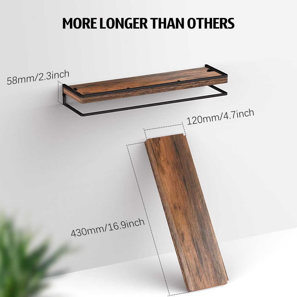 Rustic Brown Floating Shelves for Wall 17" Bathroom Shelf Set of 2
