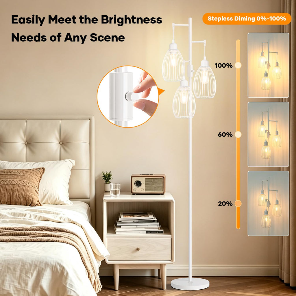 Dimmable Floor Lamp, 3 x 800LM LED Edison Bulbs Included, Floor Lamp Standing Lamp with Elegant Teardrop Cage Heads