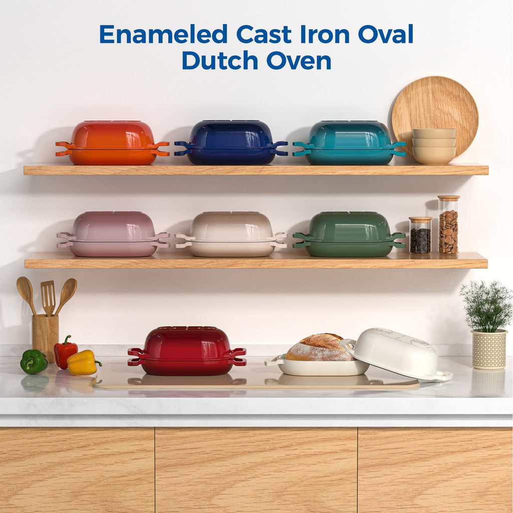Enameled Cast Iron Dutch Oven Pot with Lid, Oval Bread Oven
