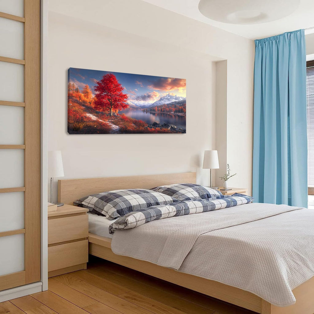 Beautiful Mountain Landscape Wall Art Office Nature Riverside Scenery Red Tree Painting Prints Autumn Scenic Canvas