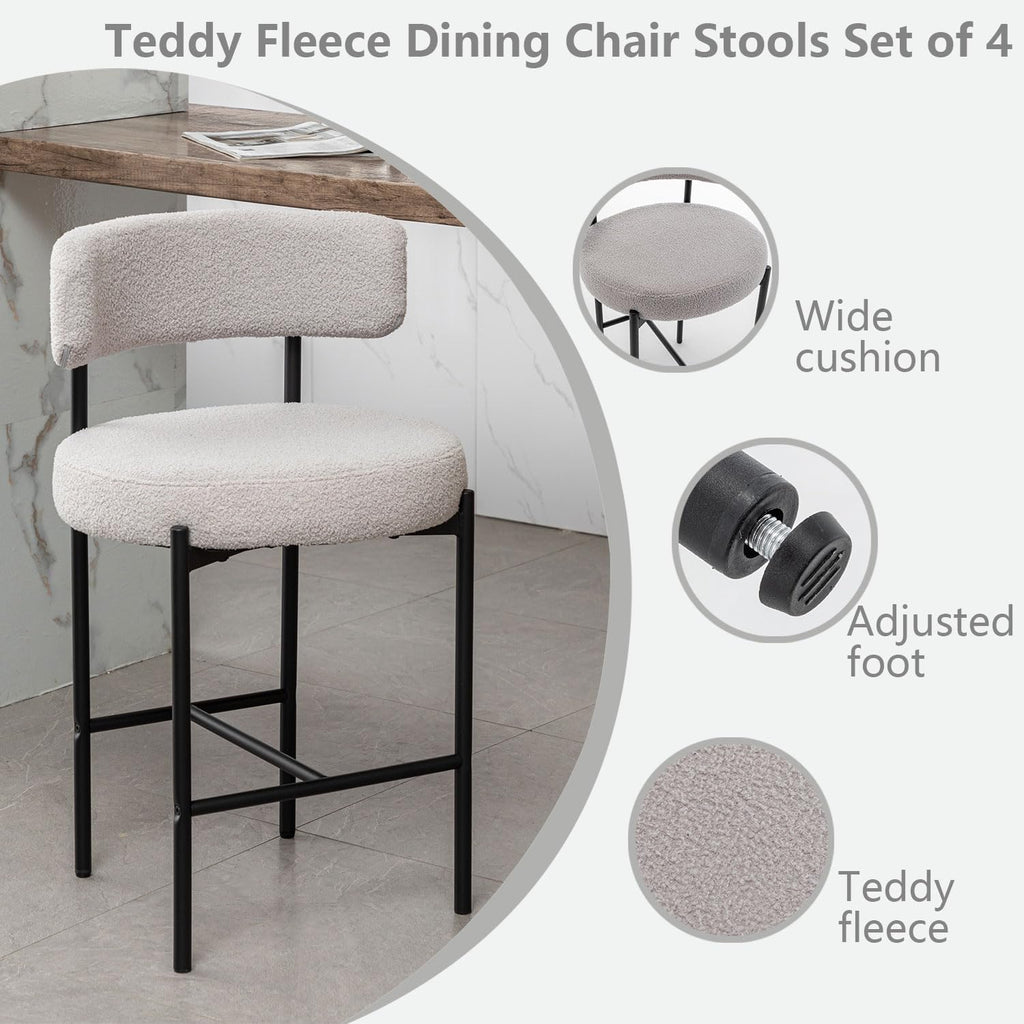 Boucle Bar Stools Set of 4, 24" Modern Counter Stools with Backs, Grey Upholstered Bar Stool Island, Cafe