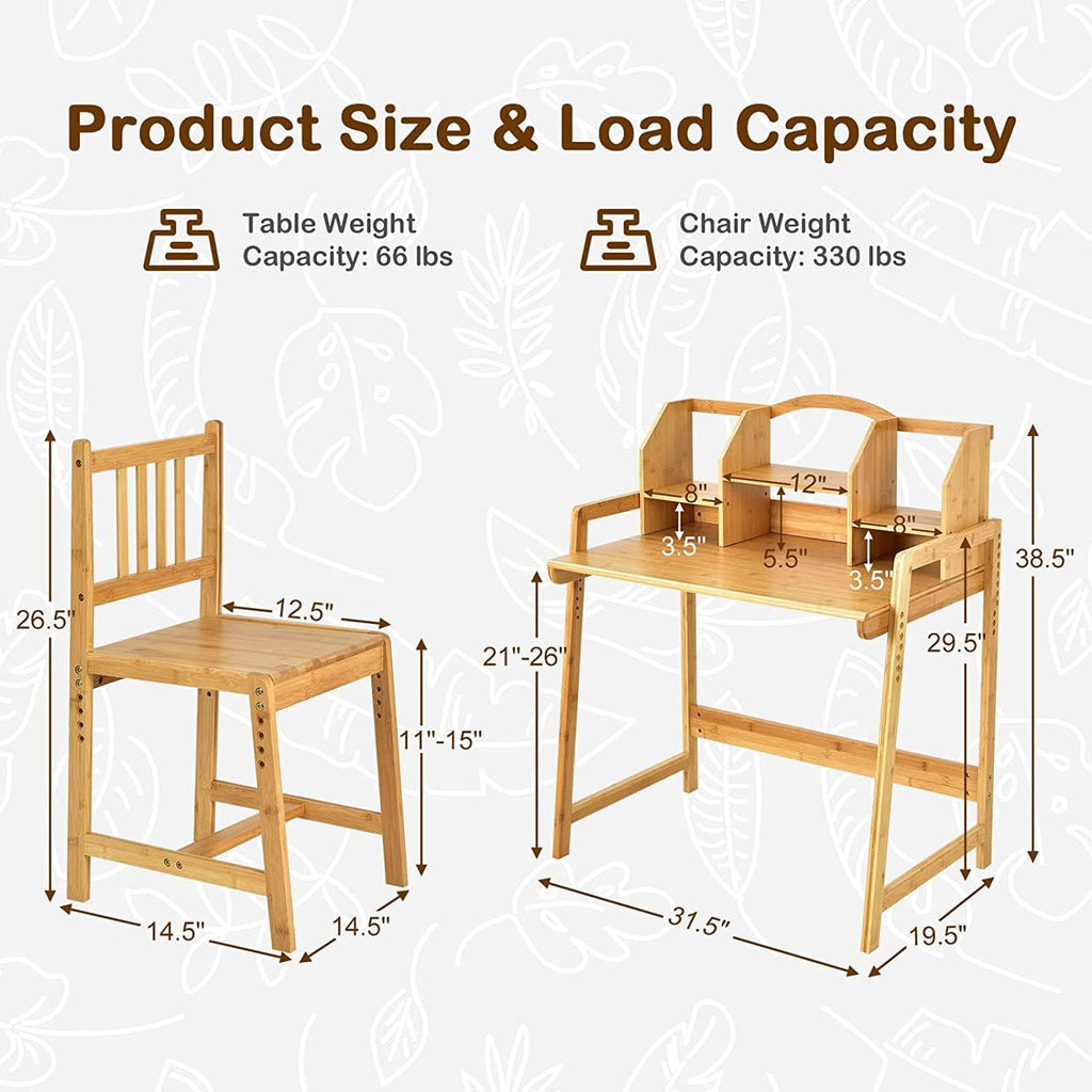 Kids Desk and Chair Set, Height Adjustable Bamboo Study Desk with Storage Hutch and Bookshelf, Wooden Writing Table