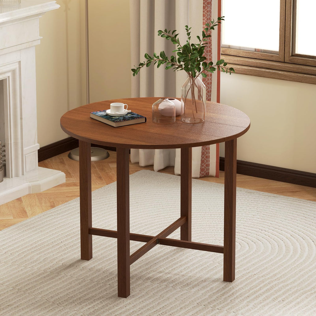 36" Folding Dining Table for 2-4, Extendable Drop Leaf Kitchen Table with Solid Rubber Wood Frame, Space-Saving Round