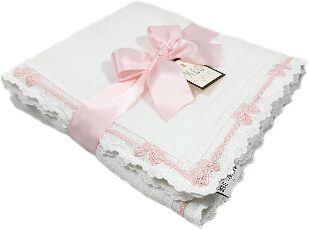 Baby Girl Blanket - Heirloom Collection - White with Pink Bows, 100% Cotton, in The USA (Crib: 30 x 51)