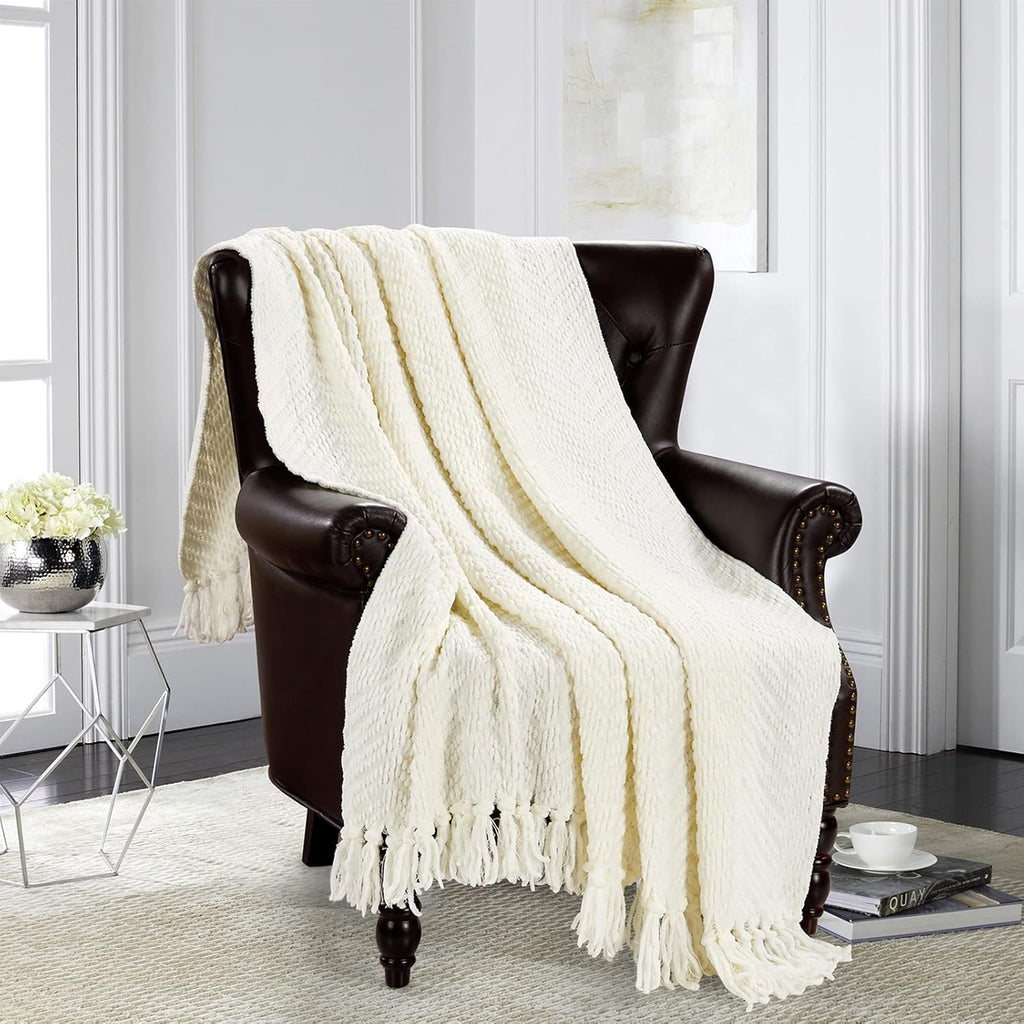 Warm Tassel Knit Blanket Throw Size, Cream Thick Knitted Armchair Office Chair Throw Blankets, Winter Chunky