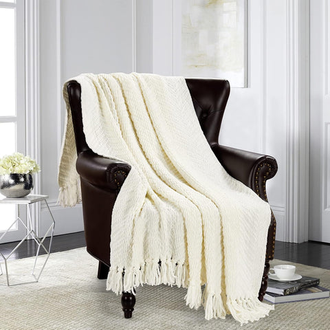 Warm Tassel Knit Blanket Throw Size, Cream Thick Knitted Armchair Office Chair Throw Blankets, Winter Chunky