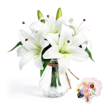 11" Artificial White Silk Lily in Glass Vase with Faux Water Decor
