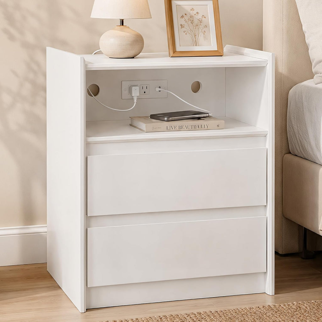 24" Tall Nightstand with Charging Station Including USB-C, Modern Bedside Table and Sofa End Table - White, 2