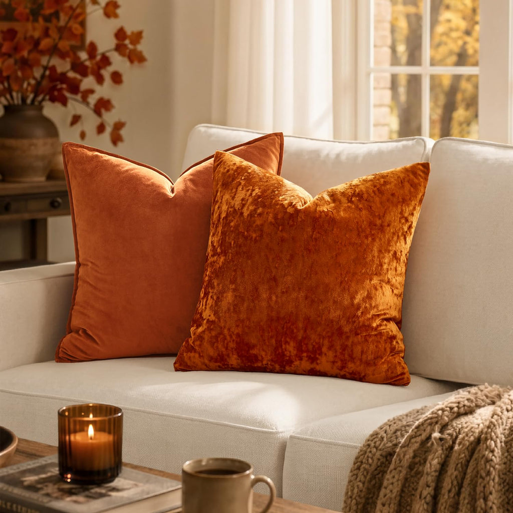 Fall Velvet Throw Pillow Covers Burnt Orange 20x20 inch Set of 2