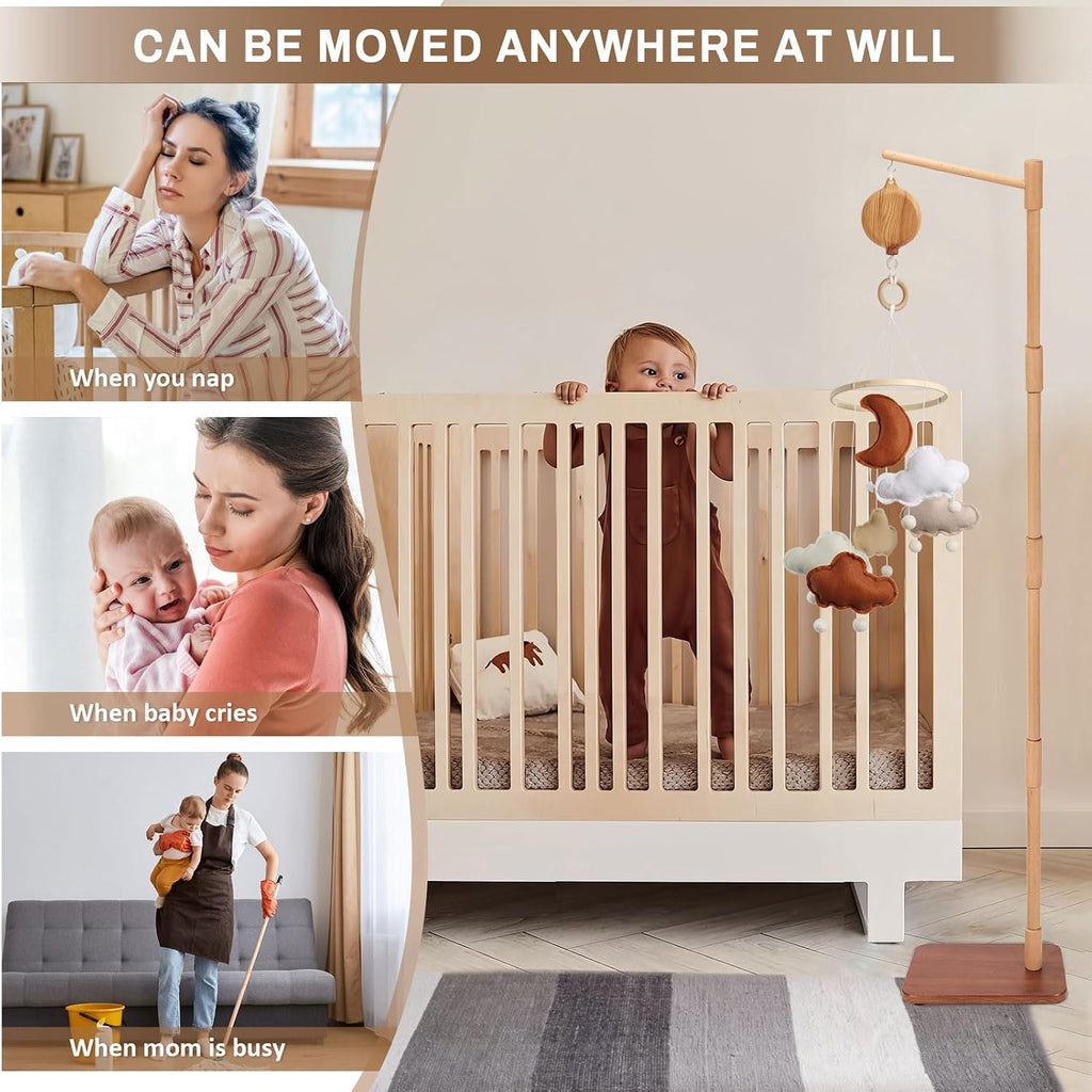 Floor-Standing Crib Mobile Arm with Music Box - 65 Inch Mobile Arm for Crib - 100% Beech Wood - Crib Mobile Motor