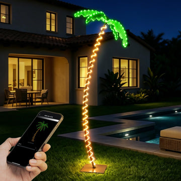 7FT Lighted Palm Tree for Outside Patio, APP & Remote Control Artificial Palm Tree with Metal Trunk and Rope LEDs