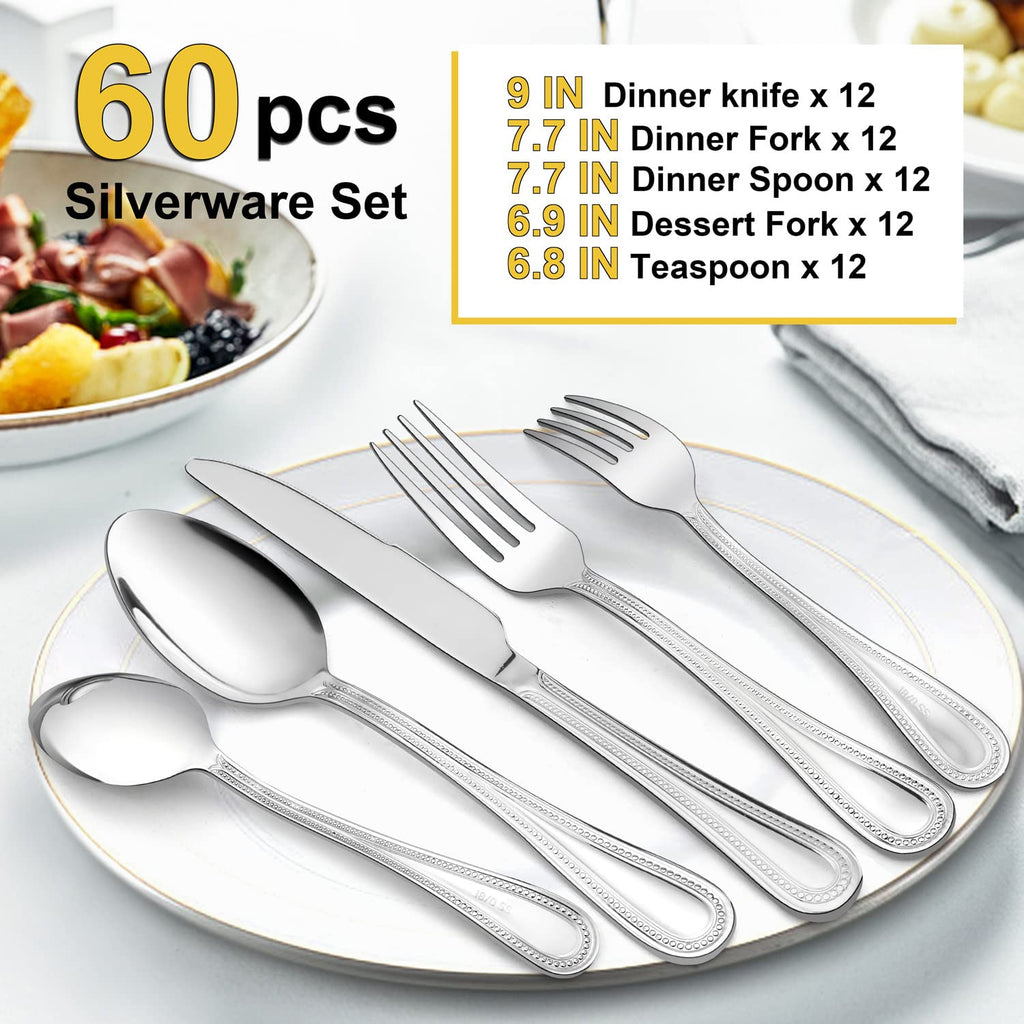 60-Piece Silverware Set for 12, Stainless Steel Flatware Cutlery Set with Pearled Edge, Include Forks Spoons and